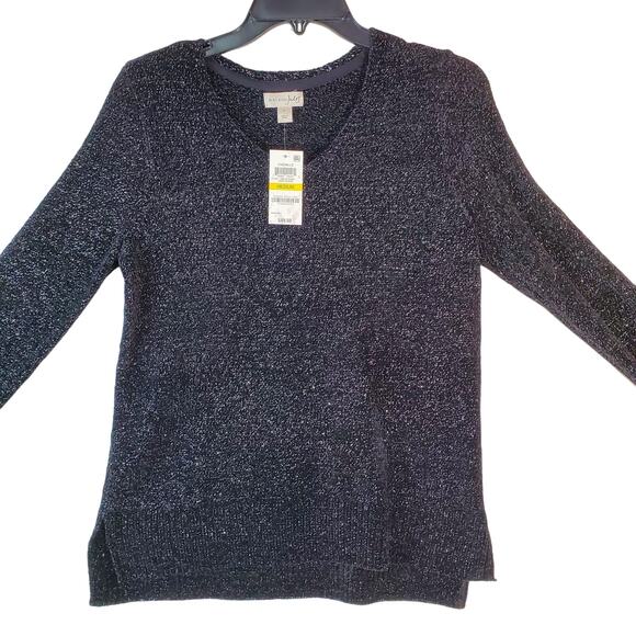 Maison Jules Sweater Women Medium Chenille Black Metallic V-Neck Long Sleeve New - Picture 1 of 12